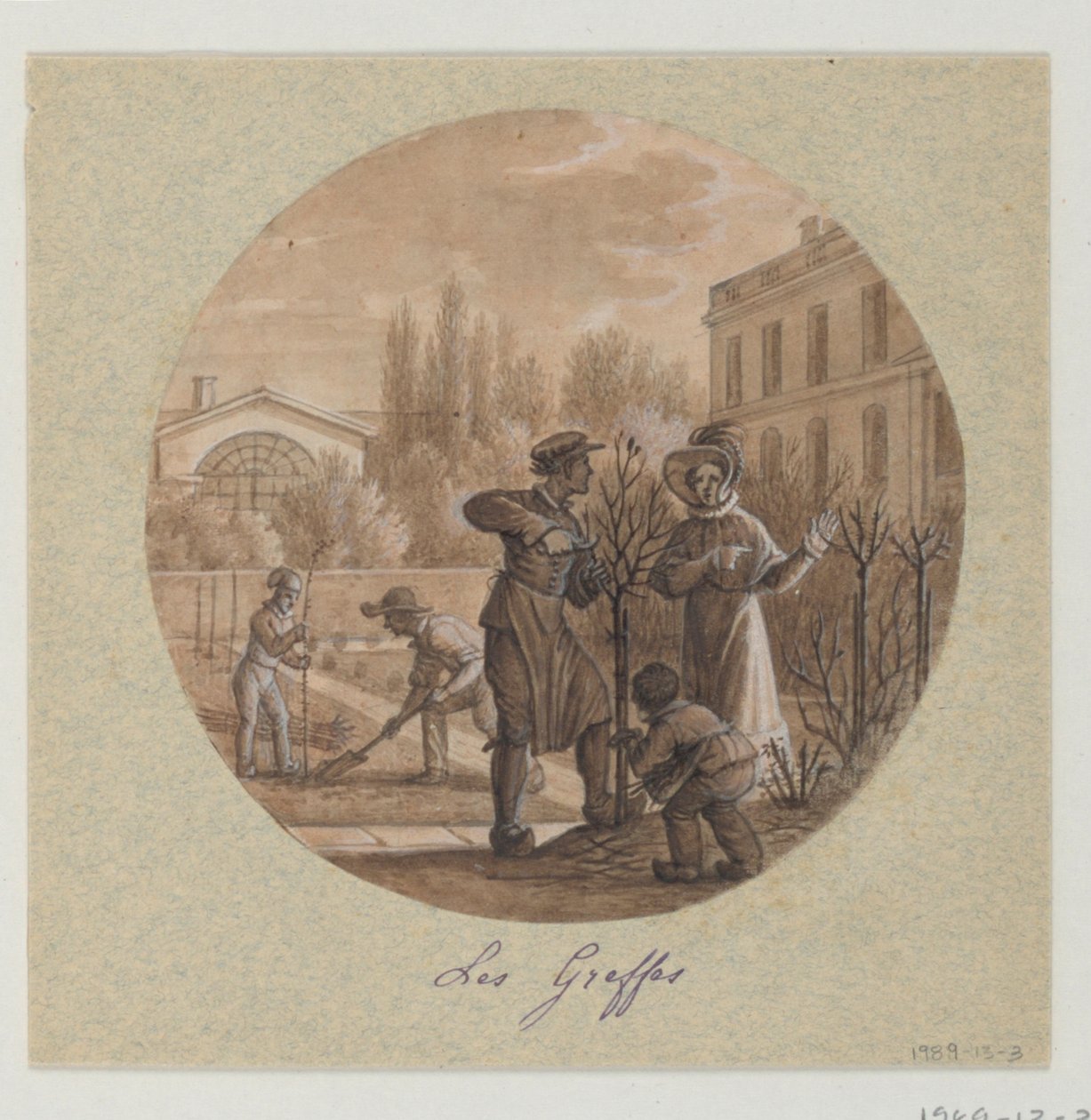 Design for en malt porselenstallerken, Les Greffes (Grafts) fra Service de la Culture des Fleurs (Flower Cultivation Service) av Jean Charles Develly