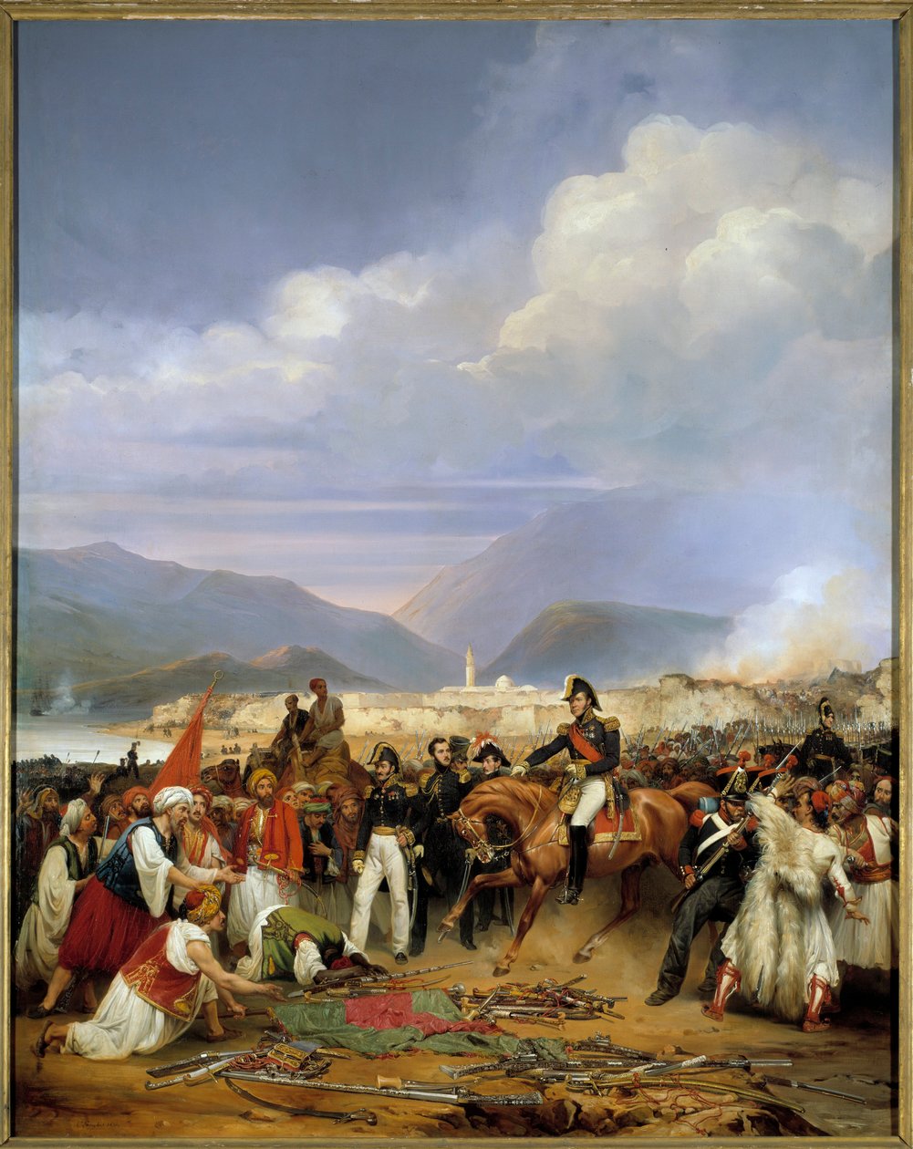 Gresk uavhengighetskrig (1828-1833): "" Generalhuset mottar overgivelsen av slottet Moree 30. oktober 1828"" Episode av ekspedisjonen til Moree (1828-1832) på Peloponnes. Maleri av Jean Charles Langlois (1789-1870) 1836 Søn. 2,72x1,92 av Jean Charles Langlois