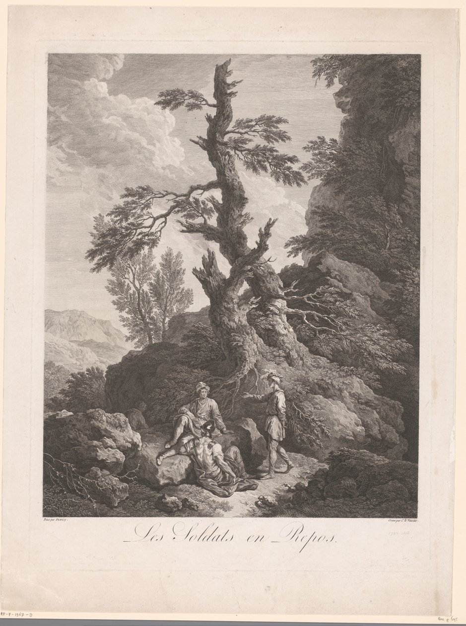 Soldater hviler foran et tre i et steinete landskap Les soldats en repos (tittel på objekt) av Jean Charles Levasseur