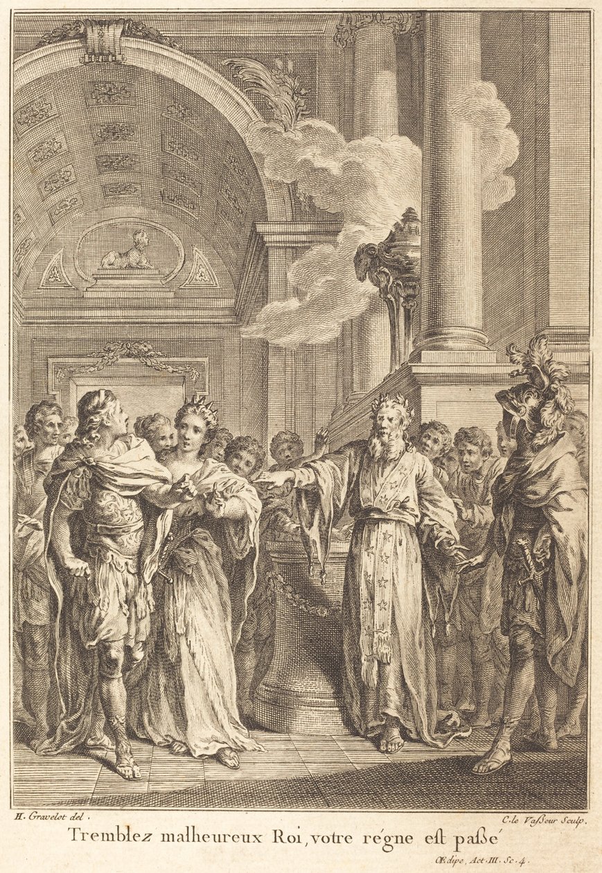 Skjelv ulykkelig konge, din regjeringstid er forbi av Jean Charles Levasseur after Hubert François Gravelot
