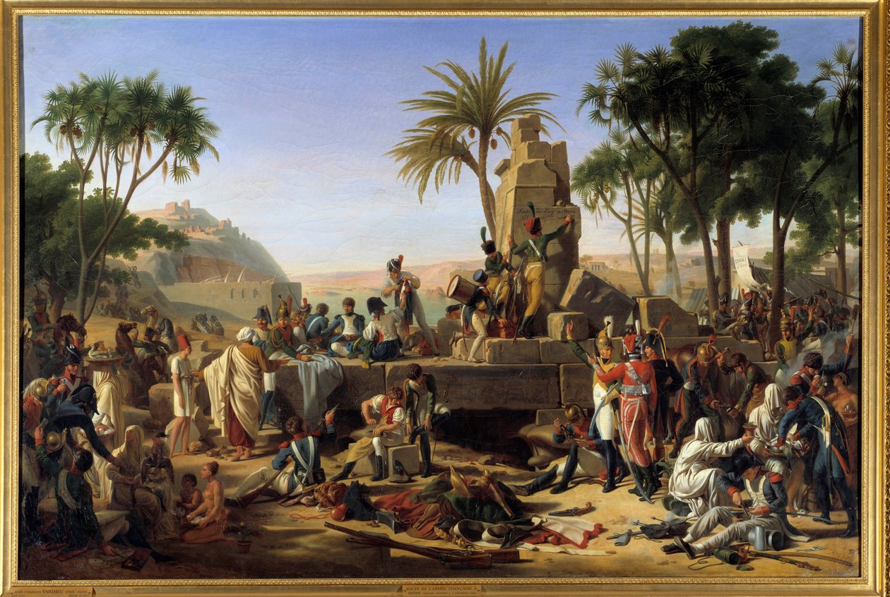 Kampanje (ekspedisjon) av Egypt (1798-1801): "" Stopp den franske hæren i Syene i Øvre Egypt, 2/02/1799"" Soldatene hviler. Maleri av Jean Charles Tardieu dit Tardieu Cochin (1765-1830). 1812. Dim. 1,12x1,64 m. av Jean Charles Tardieu