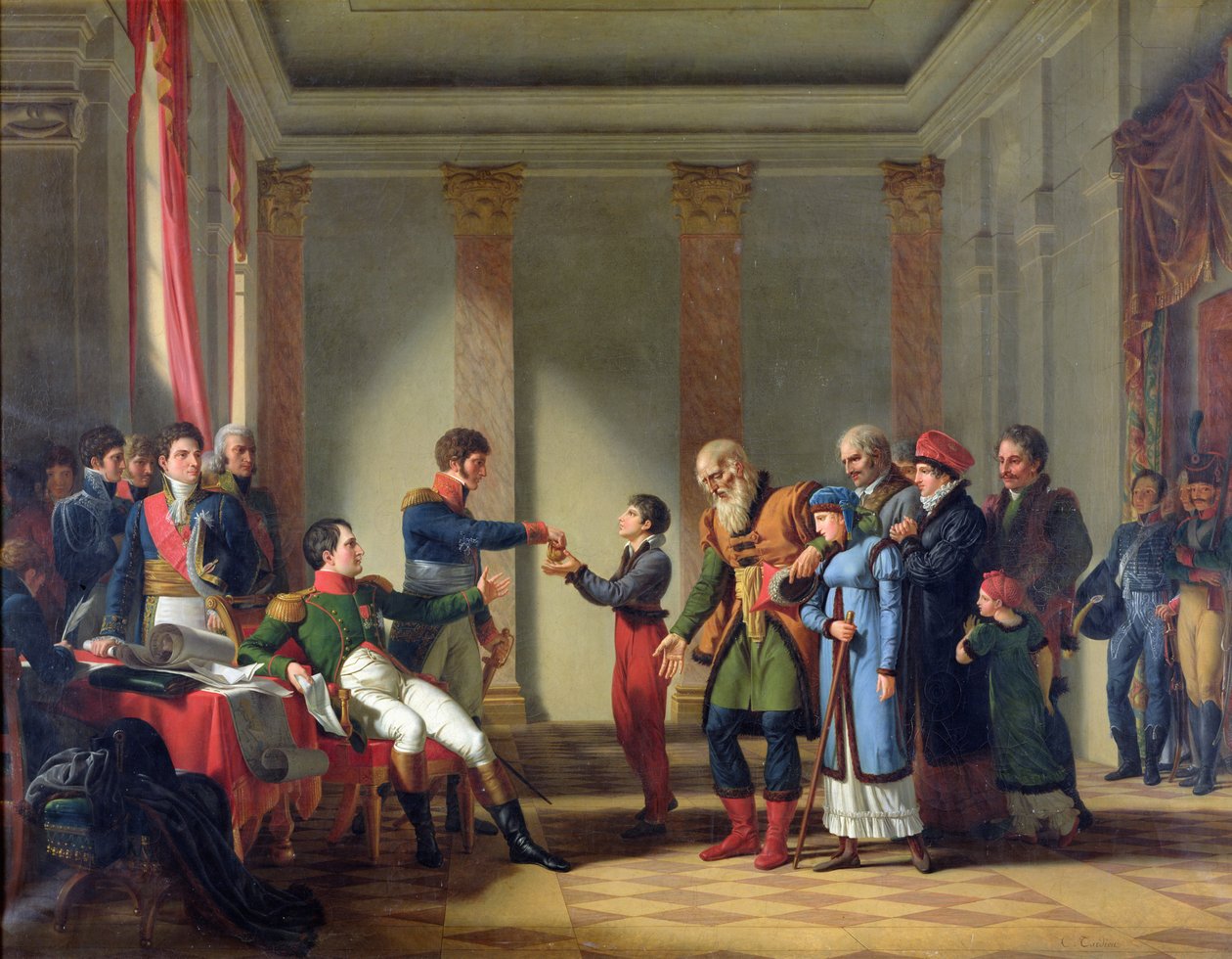 Napoleon Bonaparte (1769-1821) Å gi en pensjon på hundre Napoleons til polen, Merecki, 117 år gammel, januar 1807, 1812 av Jean Charles Tardieu