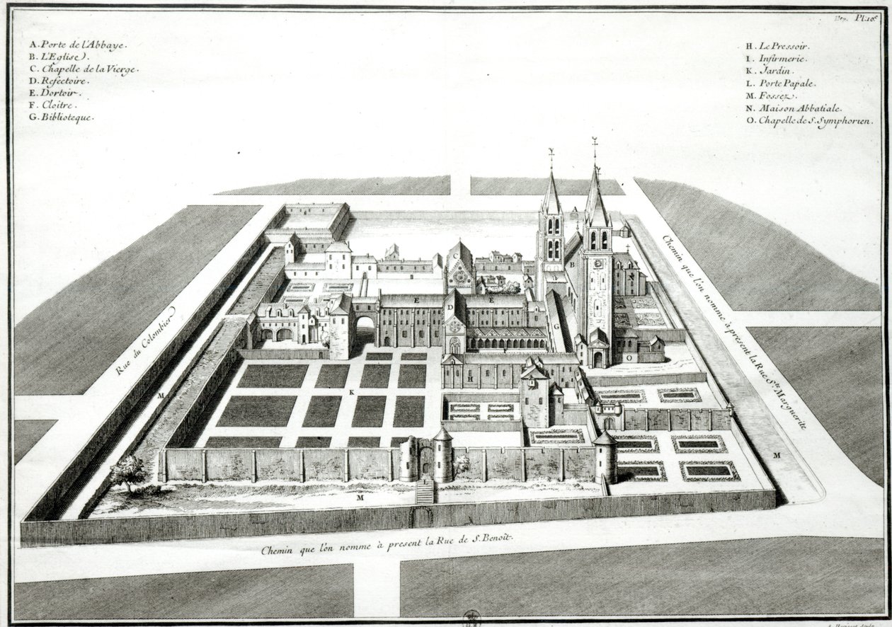 Utsikt over klosteret Saint-Germain-des-Pres før 1640, gravert av Antoine Herisset (1685-1769) av Jean Chaufourier