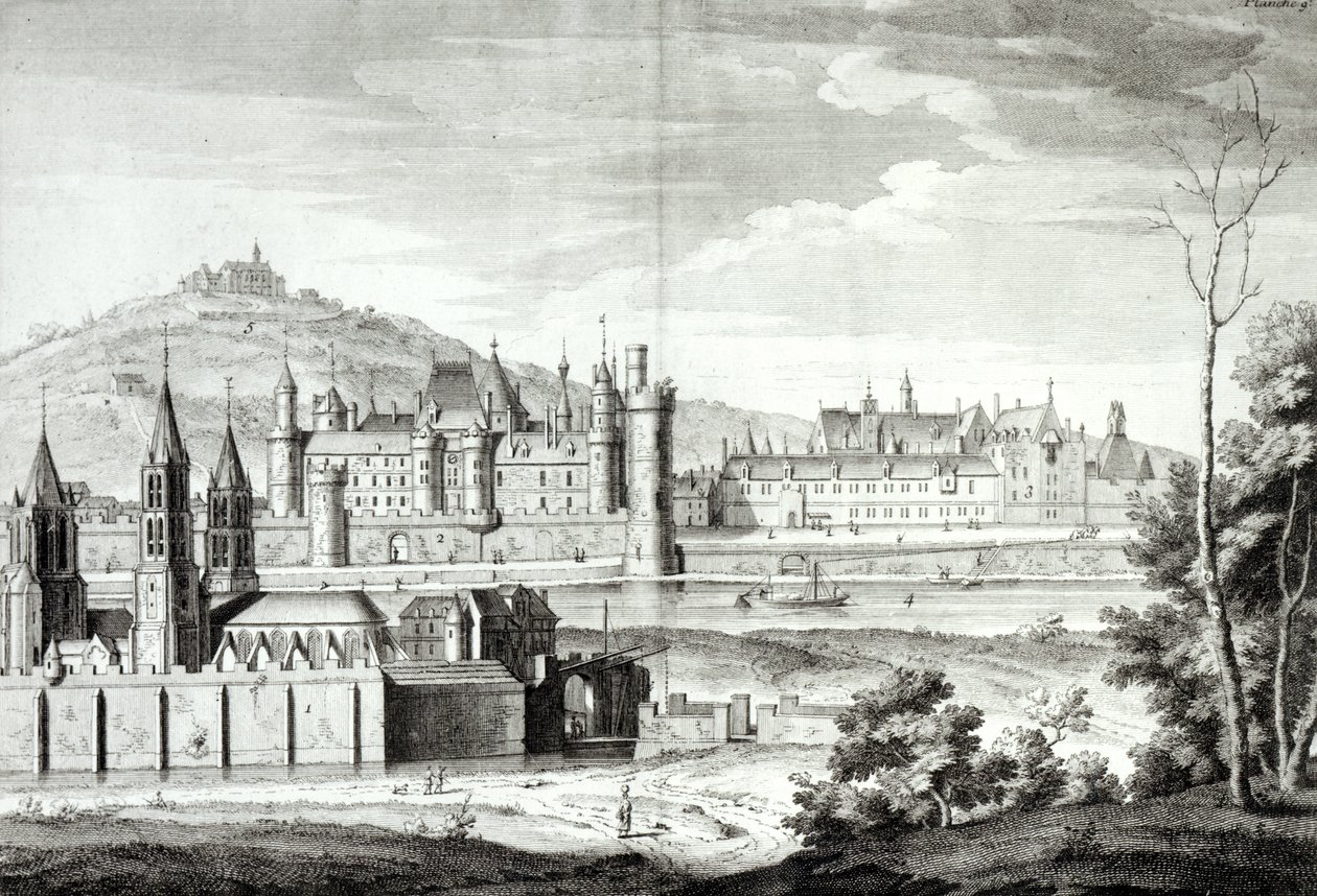 Utsikt over klosteret Saint-Germain-des-Pres, Louvre, Petit Bourbon, Montmartre og Seinen i 1410, gravert av Antoine Herisset (1685-1769) av Jean Chaufourier