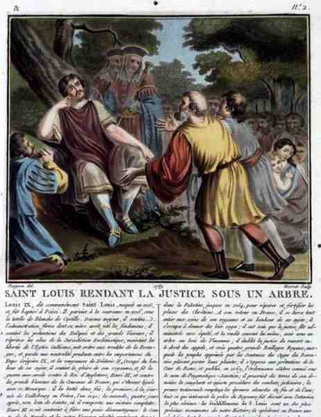 Saint Louis (1215-70) Gjengir rettferdighet under et tre, gravert av Jean Baptiste Morret (fl. 1790-1820) 1789 (farget gravering) av Jean Claude (after) Naigeon