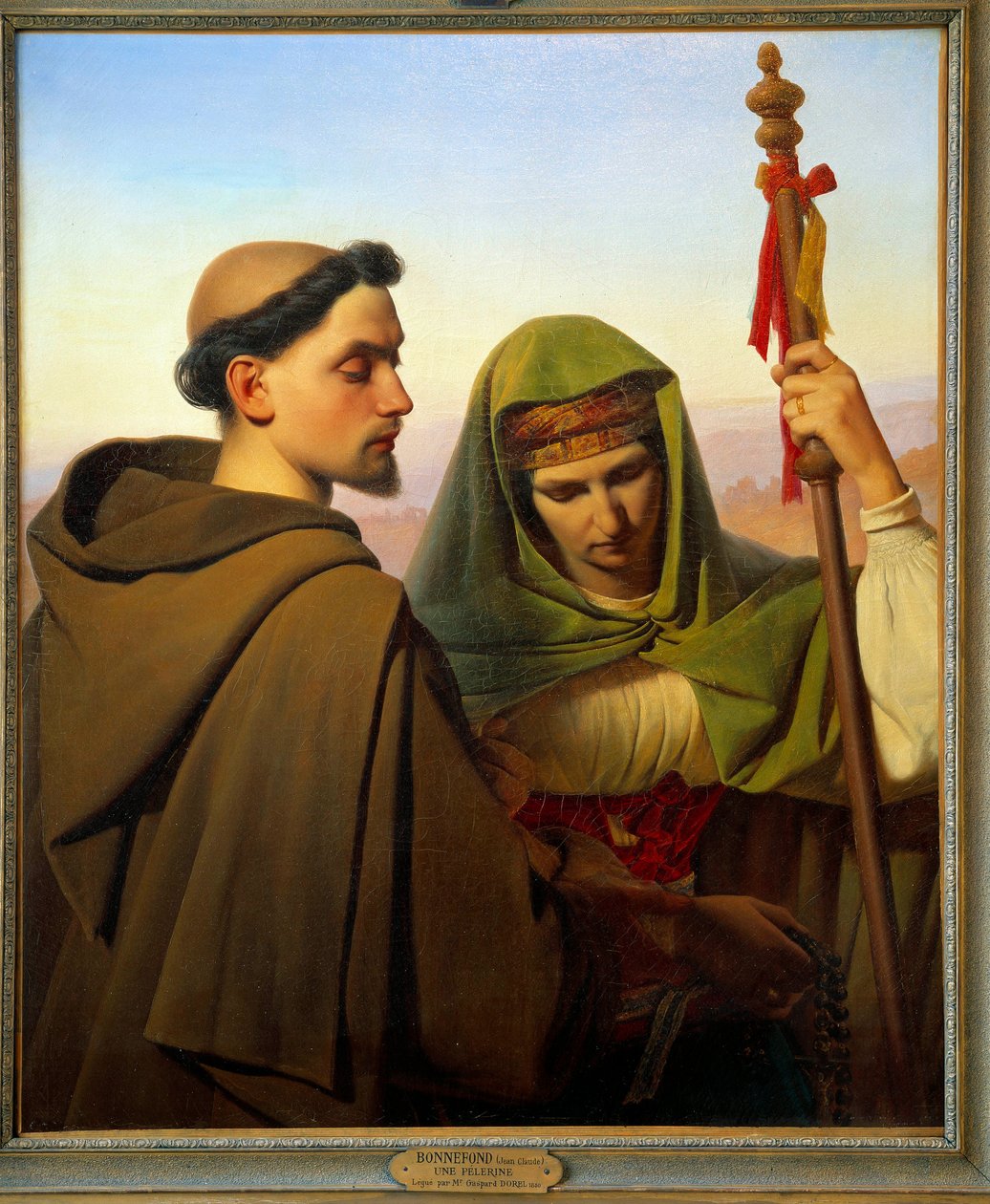 En pelerine støttet av en kapusiner. Maleri av Claude Bonnefond (1796-1860) av Jean Claude Bonnefond
