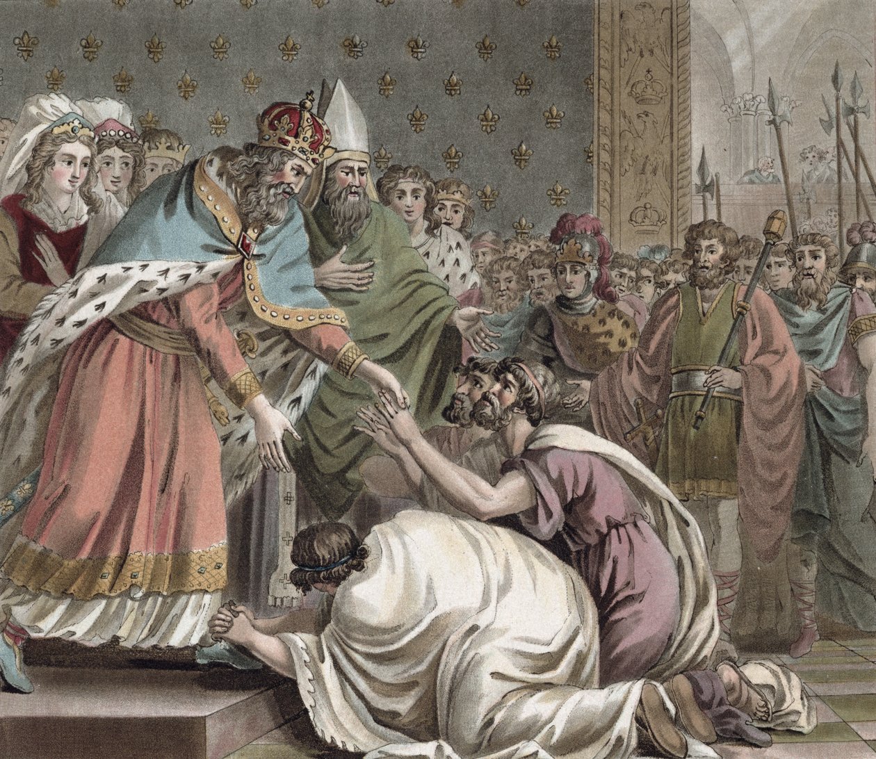 Charlemagne (742-814) tar imot ambassadørene fra østens keiser, gravert av Jean Baptiste Morret (fl. 1790-1820), 1789 av Jean Claude Naigeon