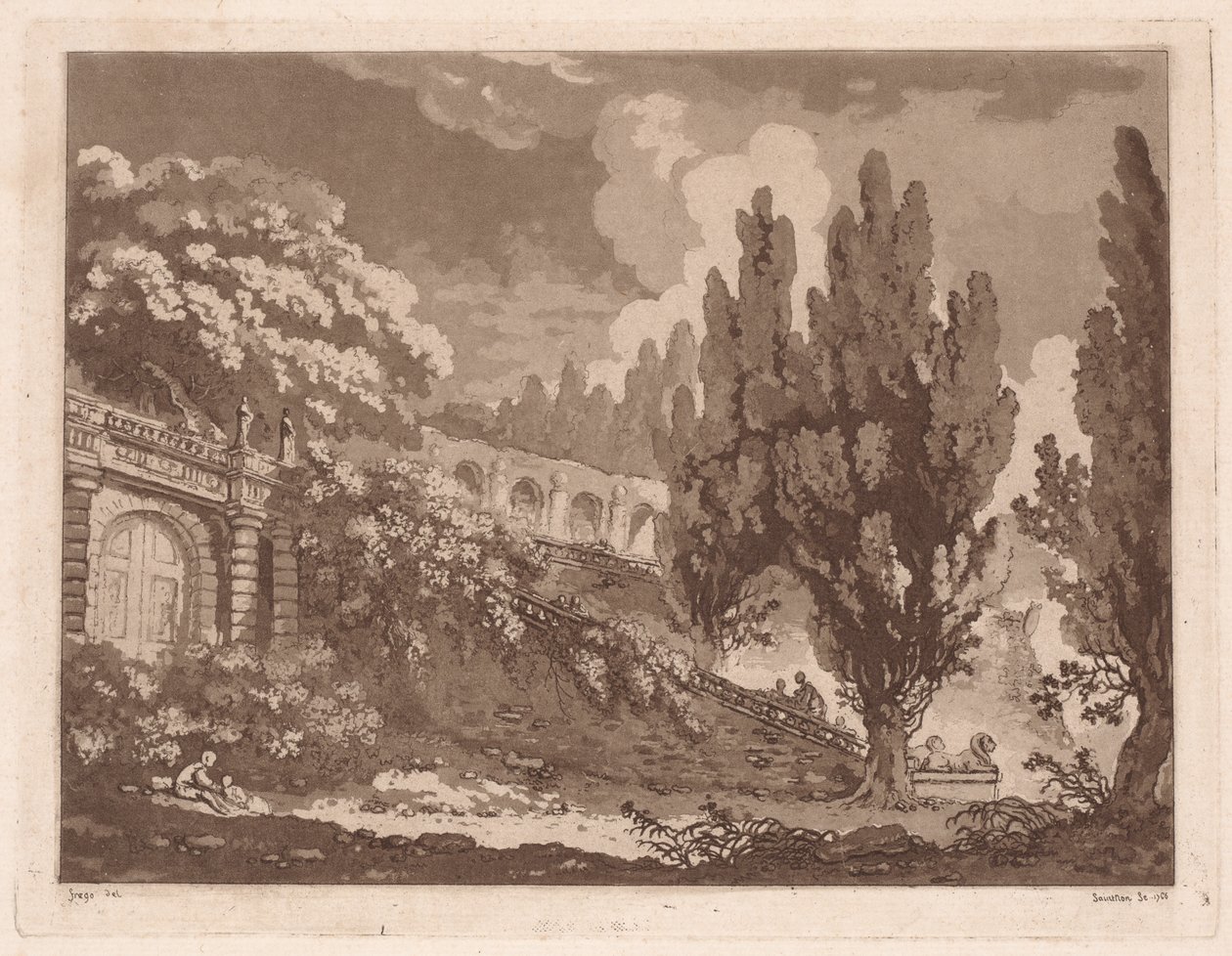 Stairs in an Italian Garden    1311017   no       norwegian Successfully Translated  Original: De Hollandsche Vloot voor Marocco. Paniek in het paleis (title on object) Translat: De Hollandsche Vloot voor Marocco. Paniek in het paleis (title on object) 137 av Jean Claude Richard Saint Non