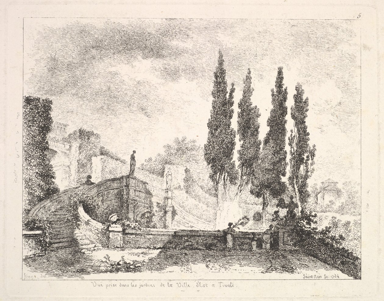 Utsikt over hagene ved Villa dEste i Tivoli, Kypros-trærne til høyre, en trapp som fører..., 1764. av Jean Claude Richard Saint Non