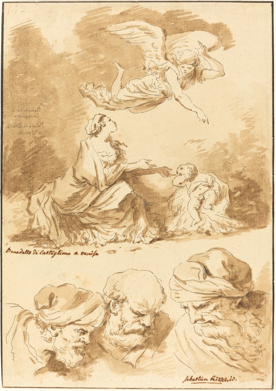 Hagar trøstet av en engel (fra et maleri av Castiglione) og Three Heads of Old Men (fra et maleri av Ricci av Jesus og den voksne kvinnen) av Jean Claude Richard de Saint Non after Jean Honoré Fragonard