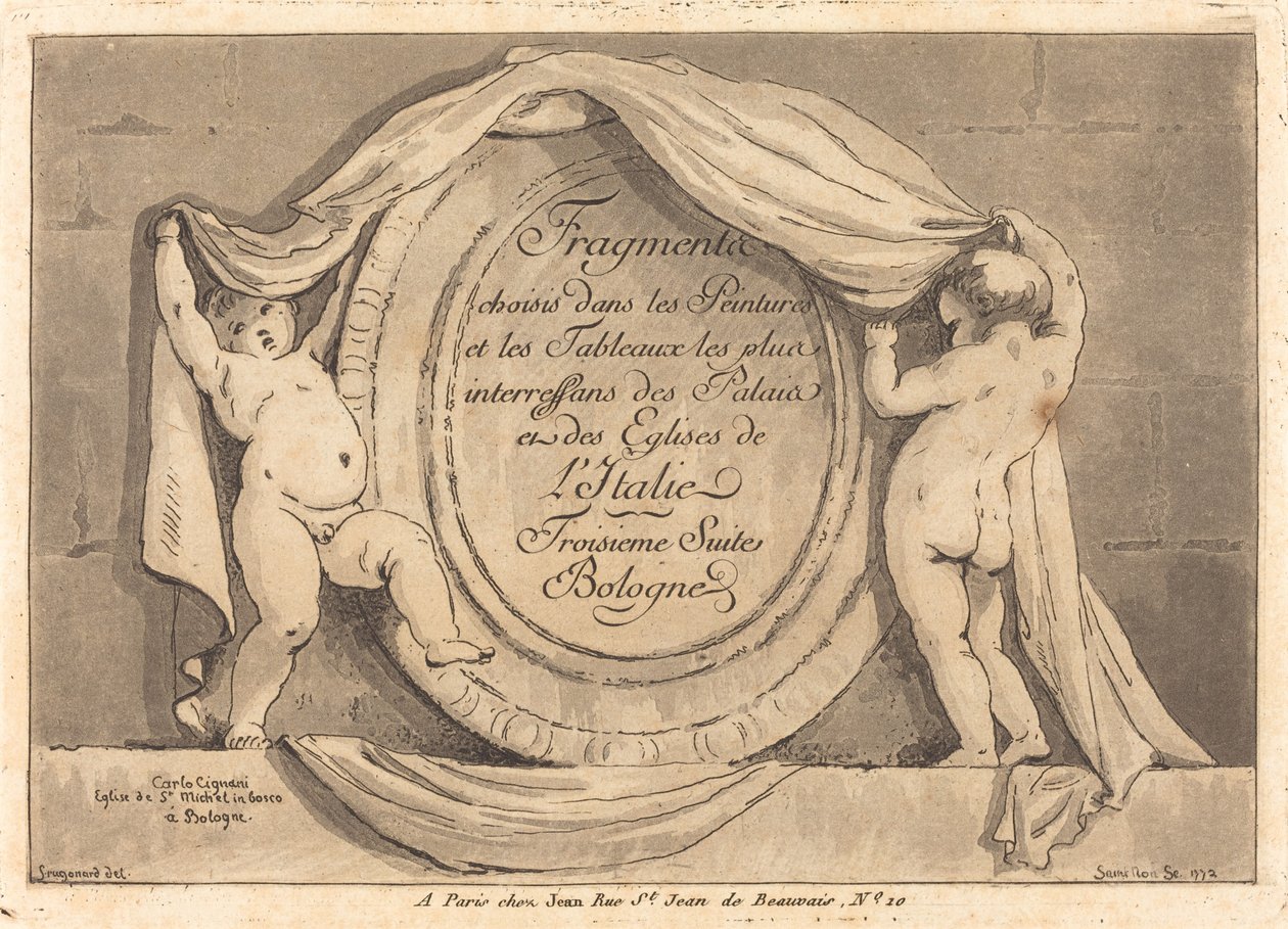 Tittelside: Oval design fra kirken San Michele de Bosco, Bologna av Jean Claude Richard de Saint Non after Jean Honoré Fragonard after Carlo Cignani