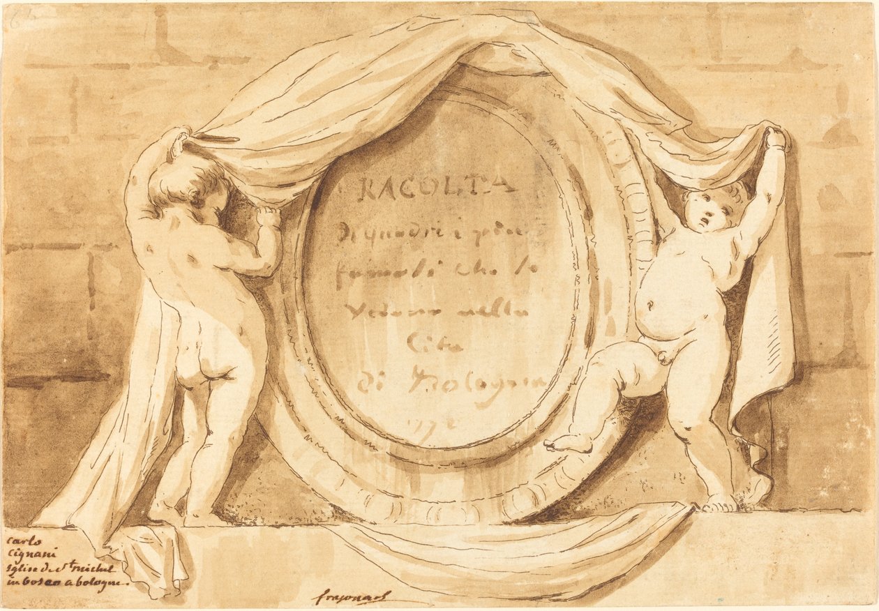 Tittelside: Oval design fra kirken San Michele de Bosco, Bologna av Jean Claude Richard de Saint Non after Jean Honoré Fragonard after Carlo Cignani