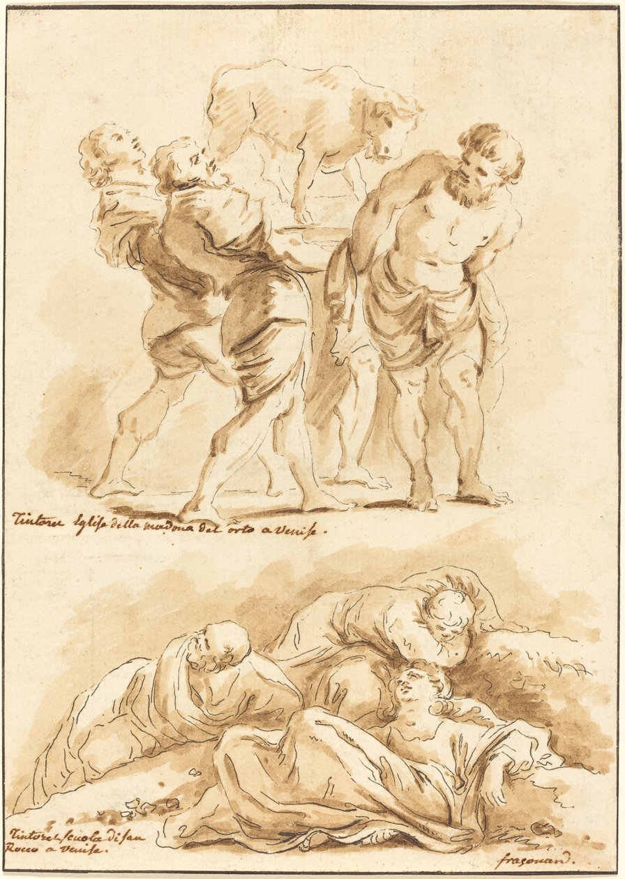 Tilbedelse av gullkalven og Kristus på Oljeberget av Jean Claude Richard de Saint Non after Jean Honoré Fragonard after Jacopo Tintoretto