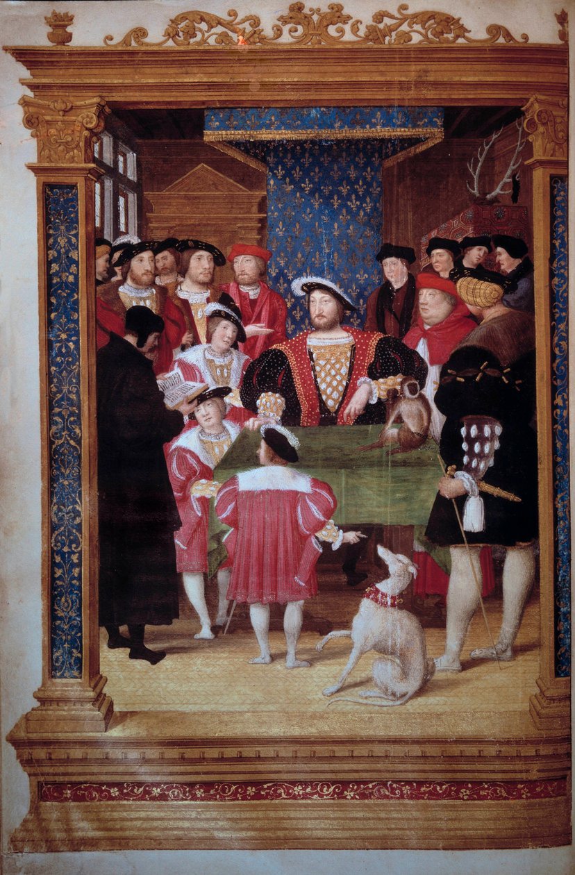 Antoine Macault leser sin oversettelse for kong Francois I (1494-1547) og for hoffet hans Kongen er omgitt av sønnene Francois, Henri (fremtidige Henrik II) og Charles. Til venstre, representasjoner (fra venstre til høyre): Claude d
