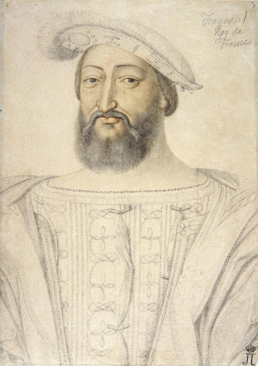 Portrett av Frans I (1494-1547), konge av Frankrike par Clouet, Jean (ca. 1485-1541). Svart kritt og sangvin på papir, størrelse: 31,6x22,5, første halvdel av 1500-tallet, State Hermitage, St. Petersburg av Jean Clouet