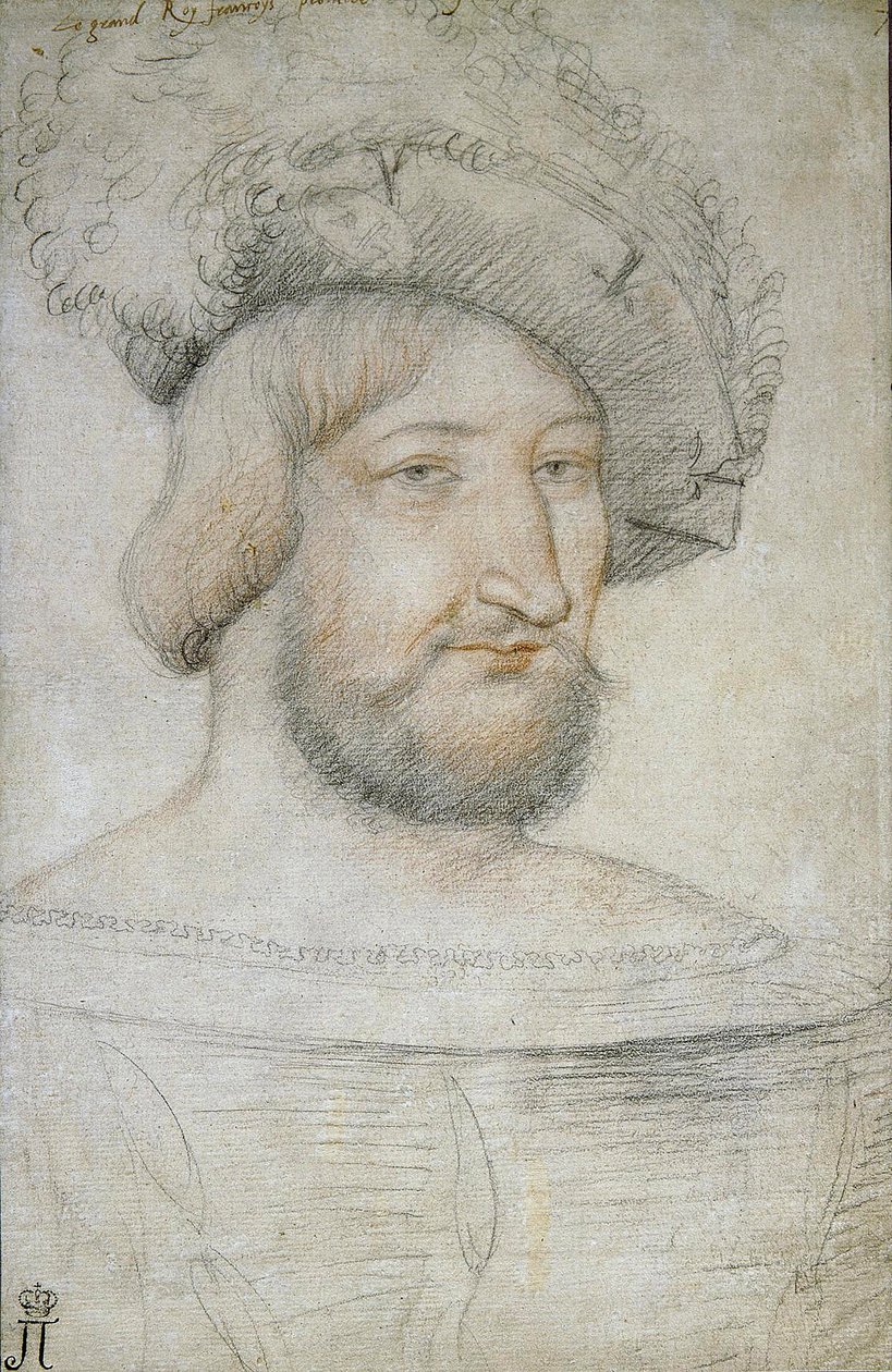 Portrett av Frans I (1494-1547), konge av Frankrike par Clouet, Jean (ca. 1485-1541). Svart kritt og sangvin på papir, størrelse: 29,3x19,1, første halvdel av 1500-tallet, State Hermitage, St. Petersburg av Jean Clouet