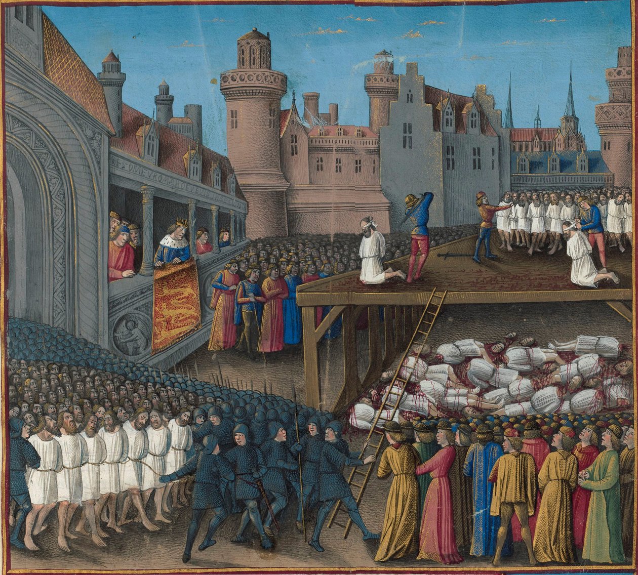 Massakren på de sarasenske fangene, beordret av kong Richard Løvehjerte, 1191, 1474-1475. av Jean Colombe