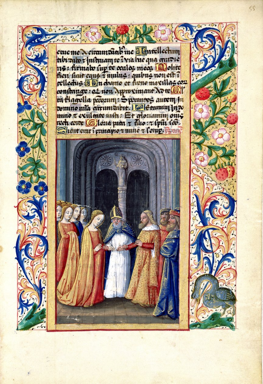 Ms Lat. QvI126 f.55 Michals ekteskap med David, fra 'Time Book of Hours of Louis d'Orleans', 1469 av Jean Colombe