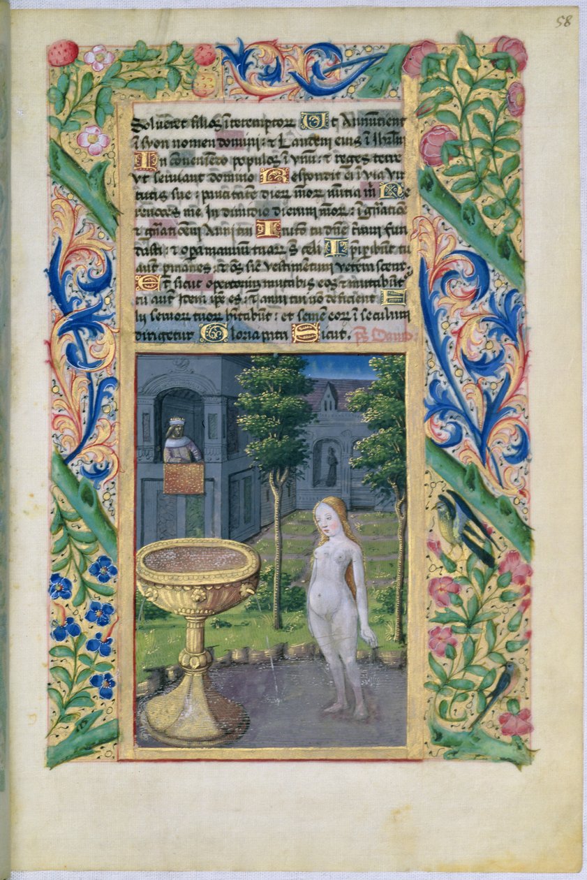 Ms Lat. Q.v.I.126 f.58 David som spionerer på Batseba mens hun bader, fra Book of Hours of Louis dOrleans, 1469 av Jean Colombe