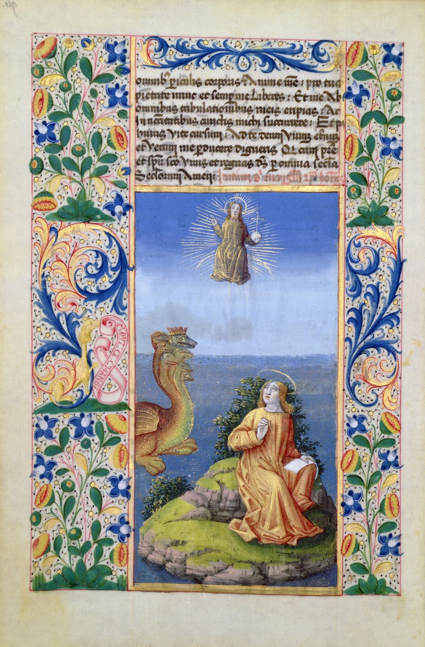 Ms Lat. Q.v.I.126 f.96v St. John the Evangelist på øya Patmos, fra Book of Hours of Louis dOrleans, 1469 av Jean Colombe