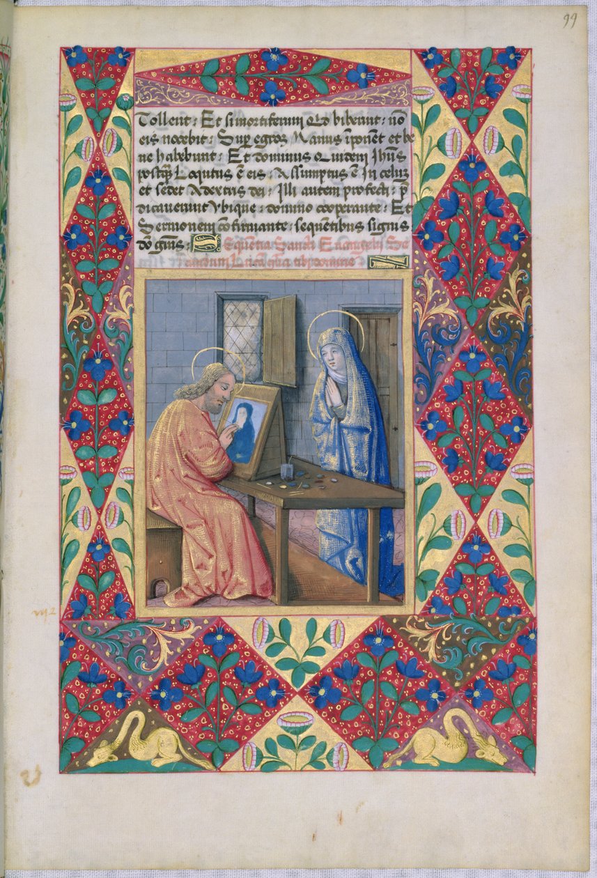Ms Lat. Q.v.I.126 f.99 St. Luke maler jomfru Maria, fra Time Book of Hours of Louis dOrleans, 1469 av Jean Colombe