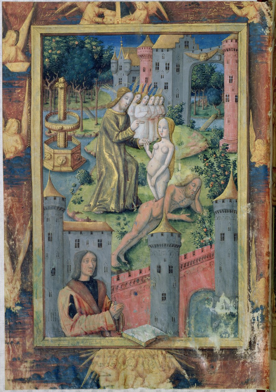 Ms Lat. Q.v.I.126 fol.11 The Creation of Eva fra Time Book of Hours of Louis of Orleans, 1490 av Jean Colombe