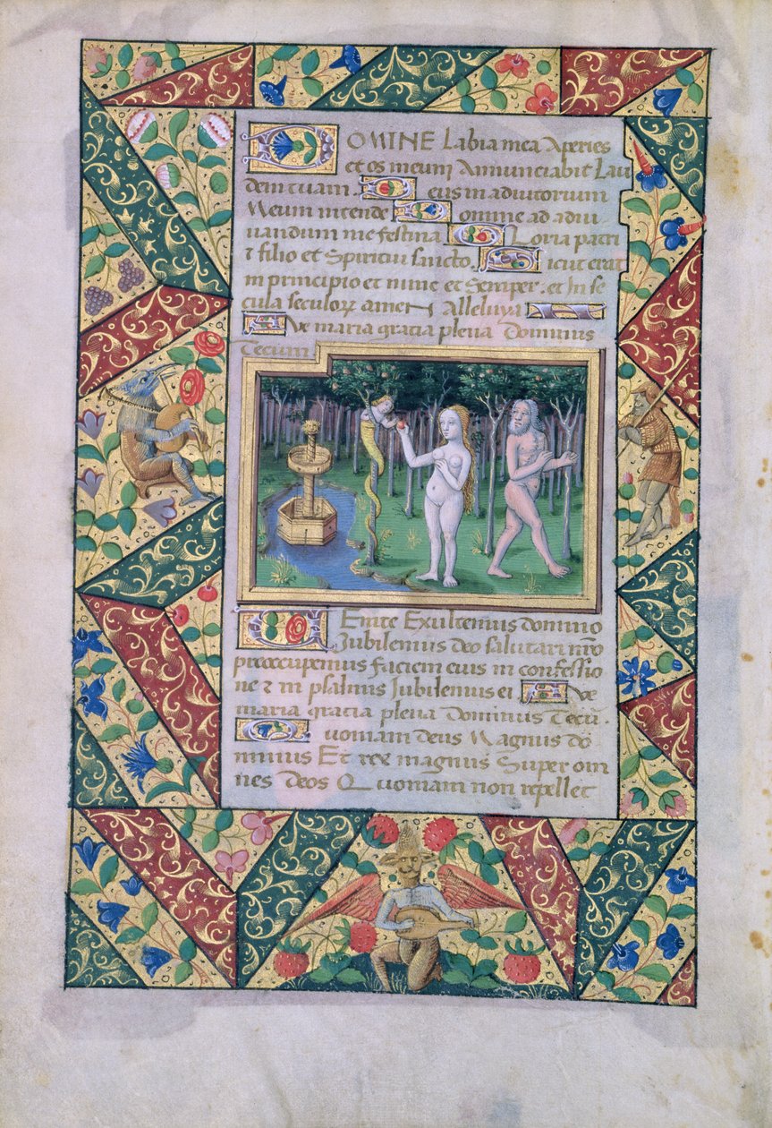 Ms Lat. Q.v.I.126 fol.12v Fristelsen i Edens hage, fra Book of Hours of Louis dOrleans, 1490 av Jean Colombe
