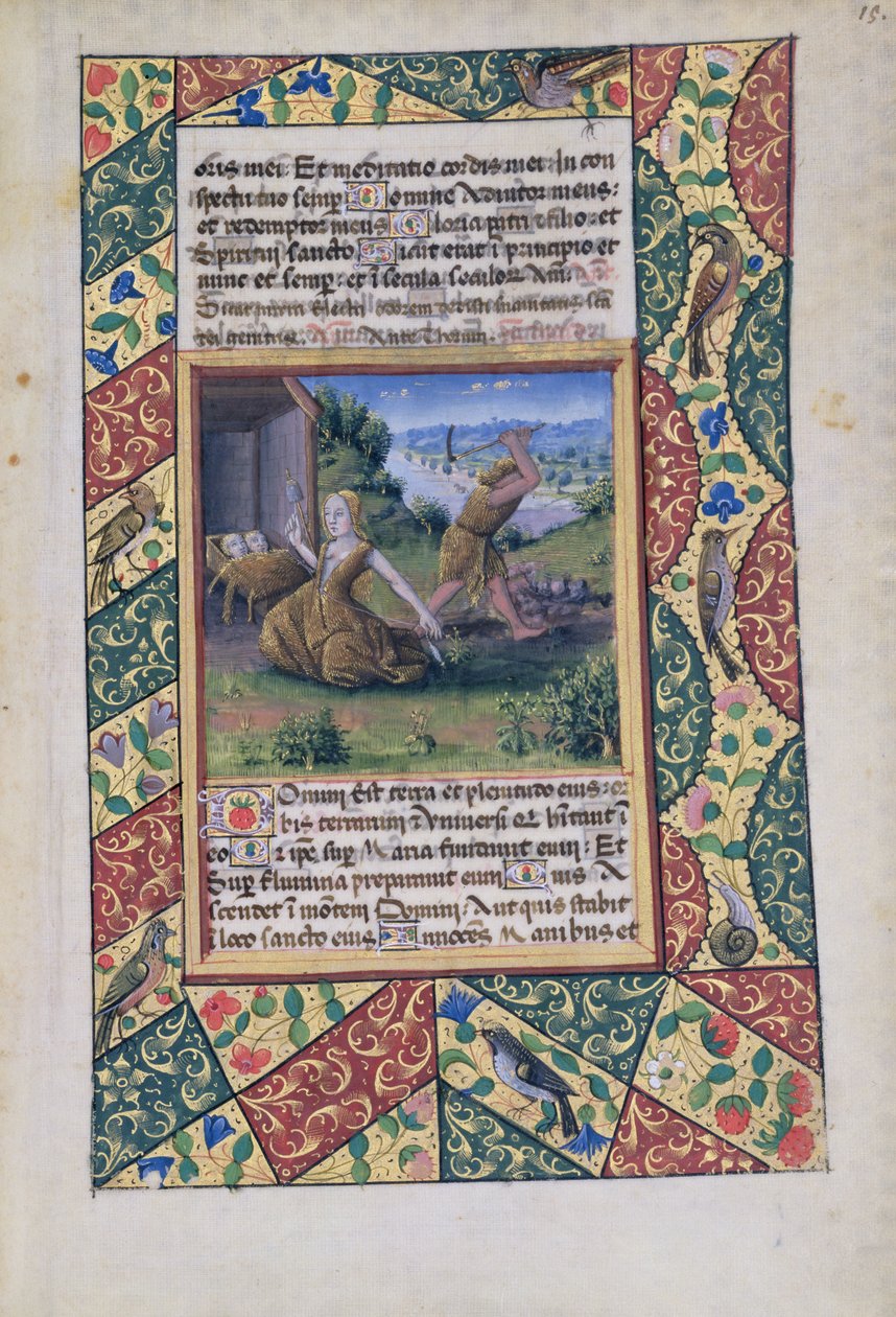 Ms Lat. Q.v.I.126 fol.15 Adam og Eva arbeider, fra Book of Hours of Louis dOrleans, 1490 av Jean Colombe