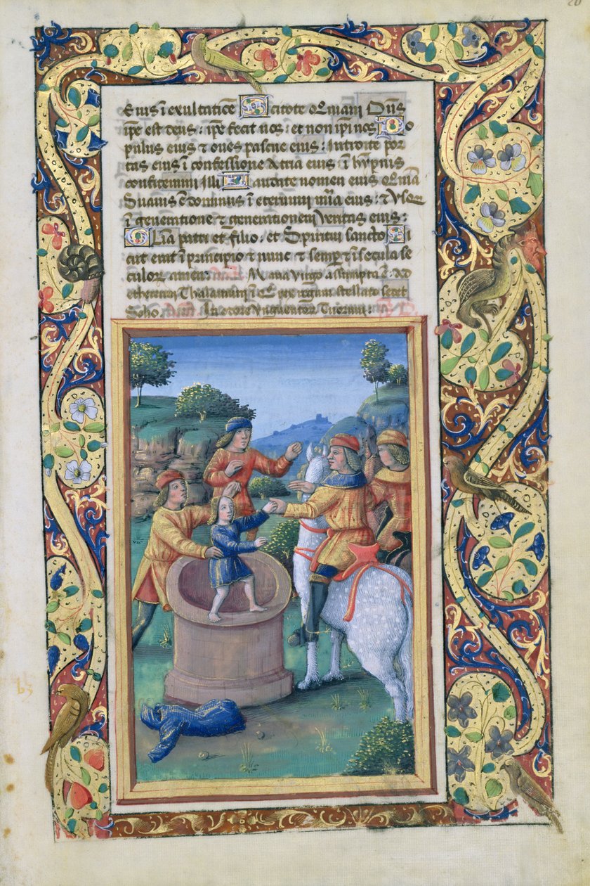 Ms Lat. Q.v.I.126 fol.20 Josef blir hentet fra brønnen og solgt til ismaelittene, fra Time Book of Louis dOrleans, 1490 av Jean Colombe