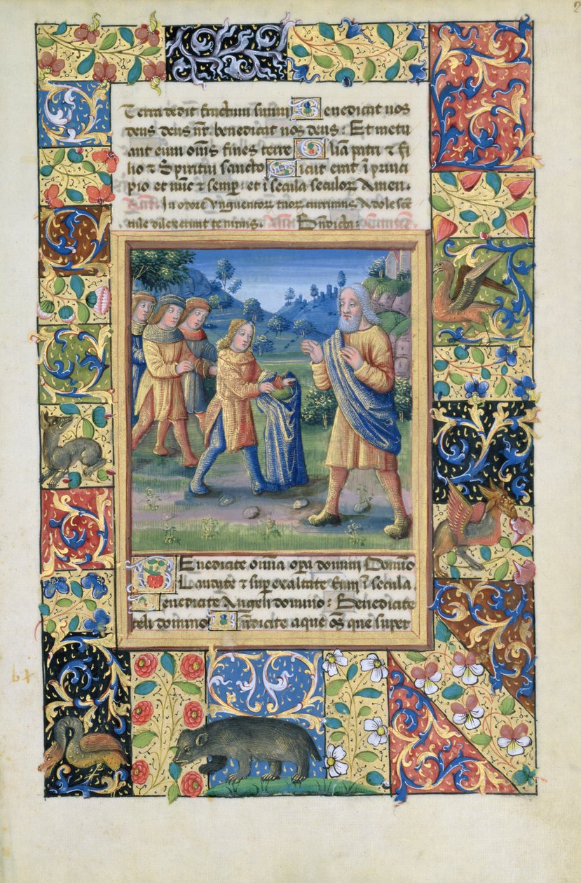 Ms. Lat. Q.v.I.126 fol.21 Josephs brødre viser faren deres bevis på at Joseph er død, fra Book of Hours of Louis dOrleans, 1490 av Jean Colombe