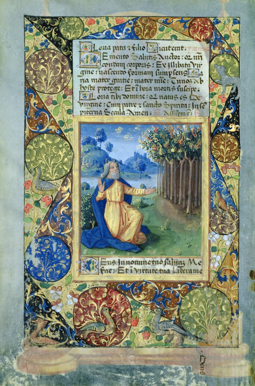 Ms. Lat. Q.v.I.126 fol.25v Moses foran den brennende busken, fra Time Book of Hours of Louis dOrleans, 1490 av Jean Colombe