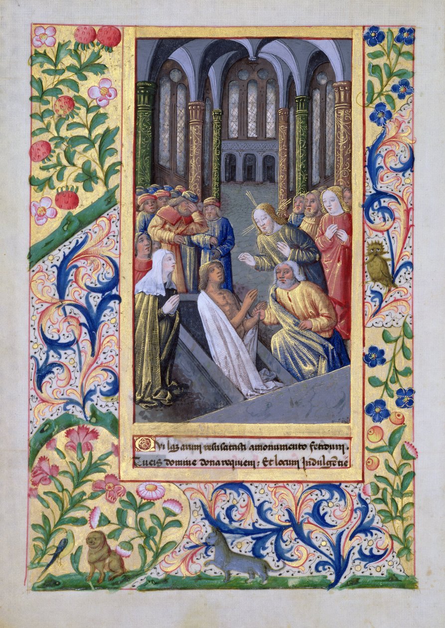 Raising of Lazarus, fra "Book of Hours of Louis d'Orleans" av Jean Colombe