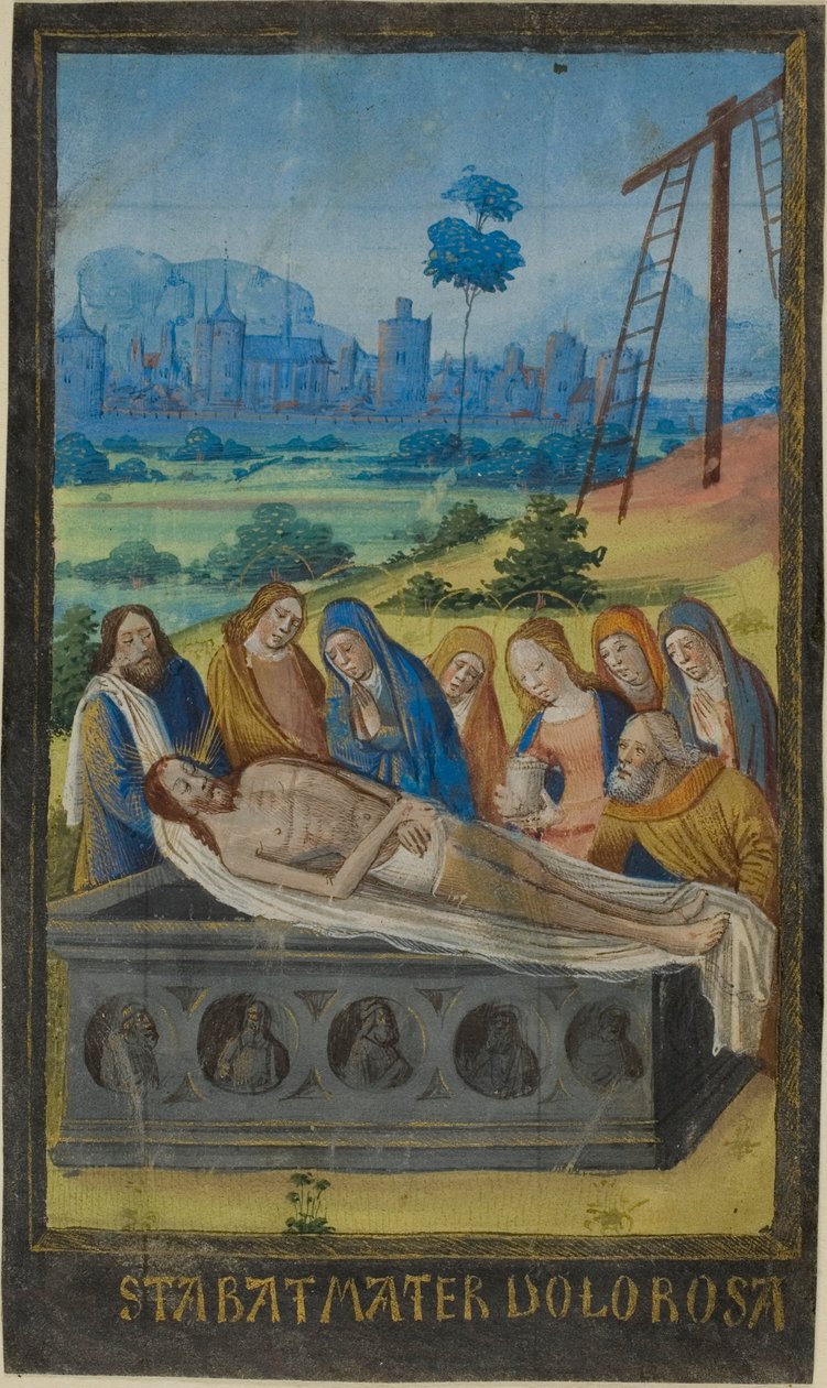 Gravleggingen (Stabat Mater Prayer), fra en timebok av Jean Colombe