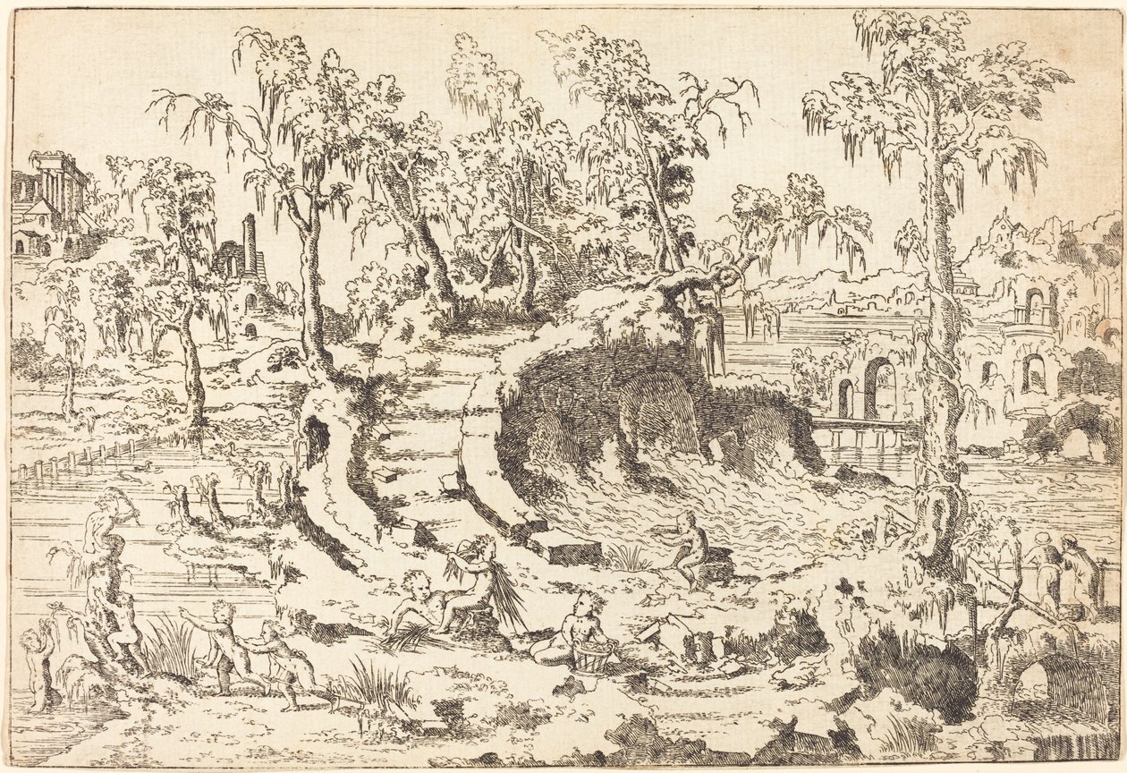 Putti leker i et fantasifullt landskap av Jean Cousin the Younger