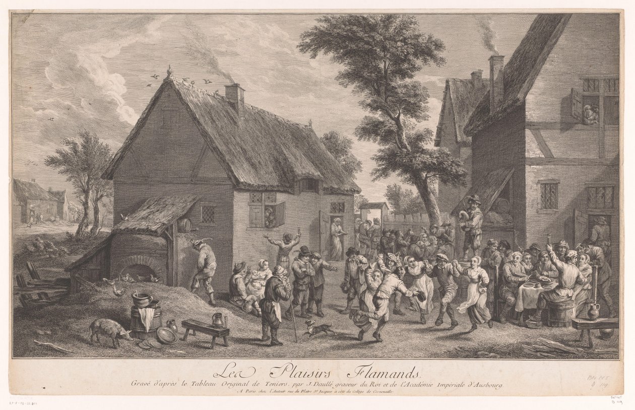 Dansende mennesker foran et vertshus Les Plaisirs Flamands av Jean Daullé