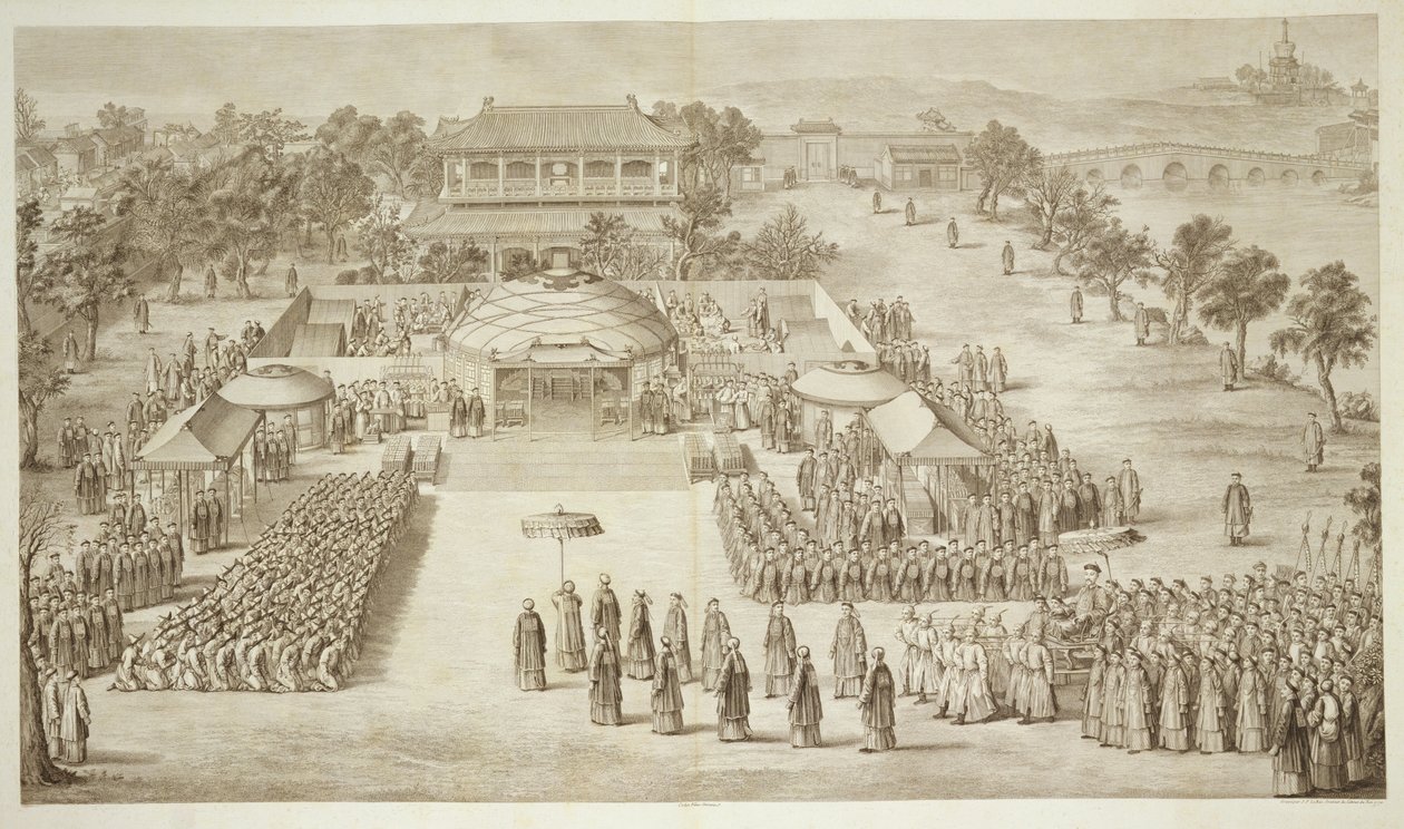 Keiseren Qianlong mottar hyllingen av de erobrede eleuthene (Tartar Kalmucks) plate 2 fra en serie trykk som representerer erobringene av keiseren av Kina, gravert av Jacques Philippe Le av Jean Denis Attiret