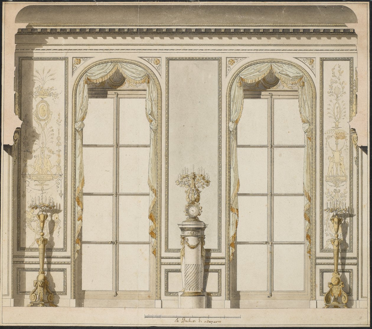 Arkitektonisk prosjekt for Grande Galerie på Hotel de Madame de Mazarin i Paris (penn og blekk og w/c på papir) av Jean Desmosthene Dugourc