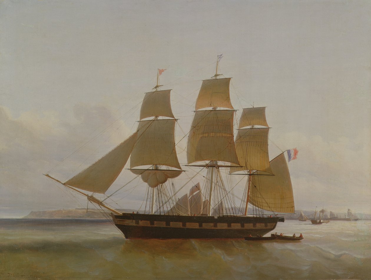 Tre mastet båt, i havnen i Le Havre, 1846 av Jean Dominique Drouin