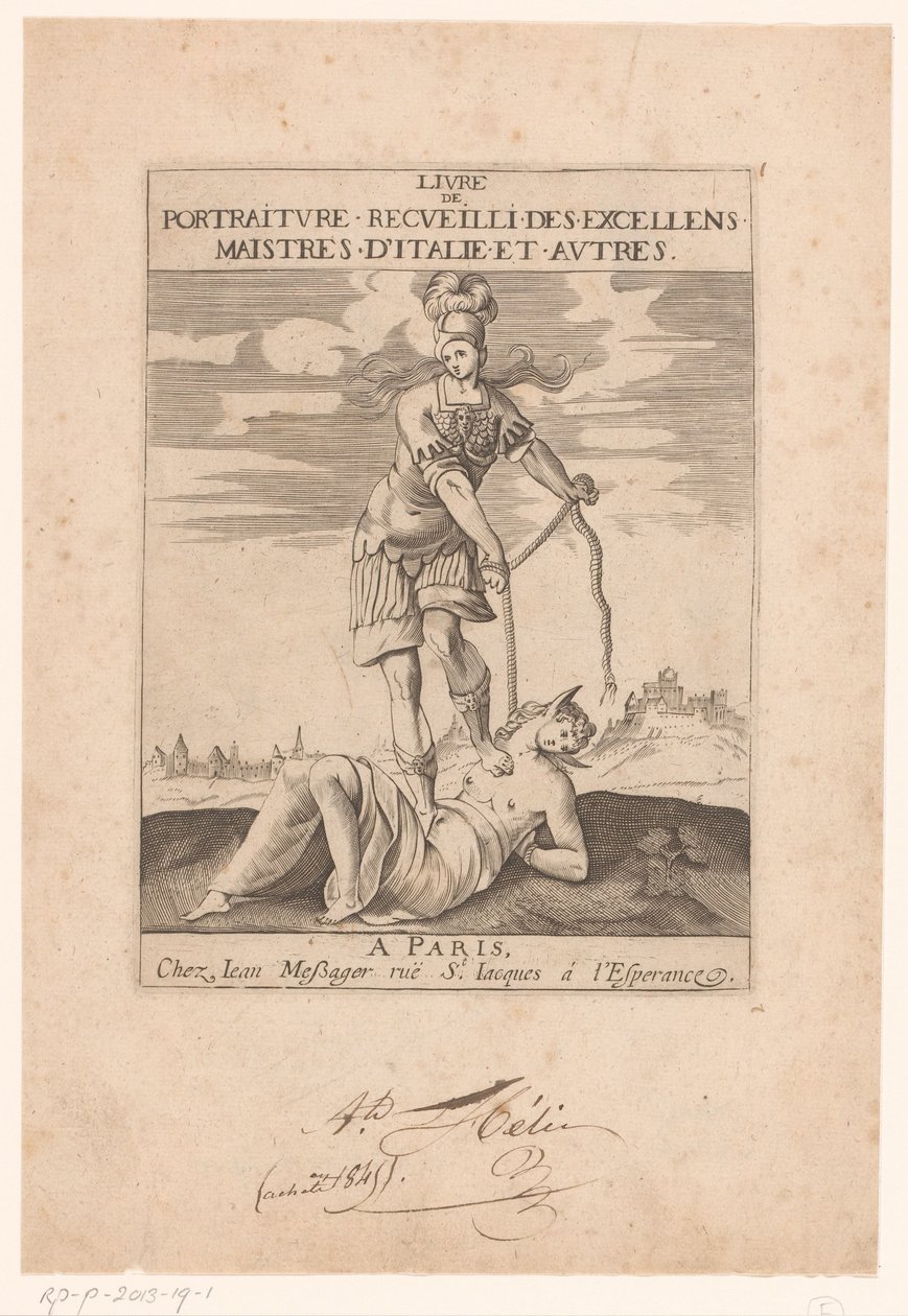 Minerva binder Stupidity med et tau Tittelside for: s.n., Livre de portraiture receuilli des excellens maistres d