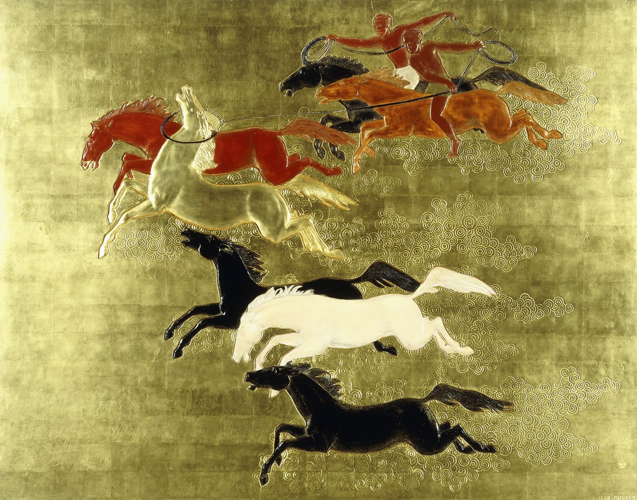 Erobringen av hesten; La Conquete du Cheval, ca. 1934 (et lakkert og forgylt panel) av Jean Dunand