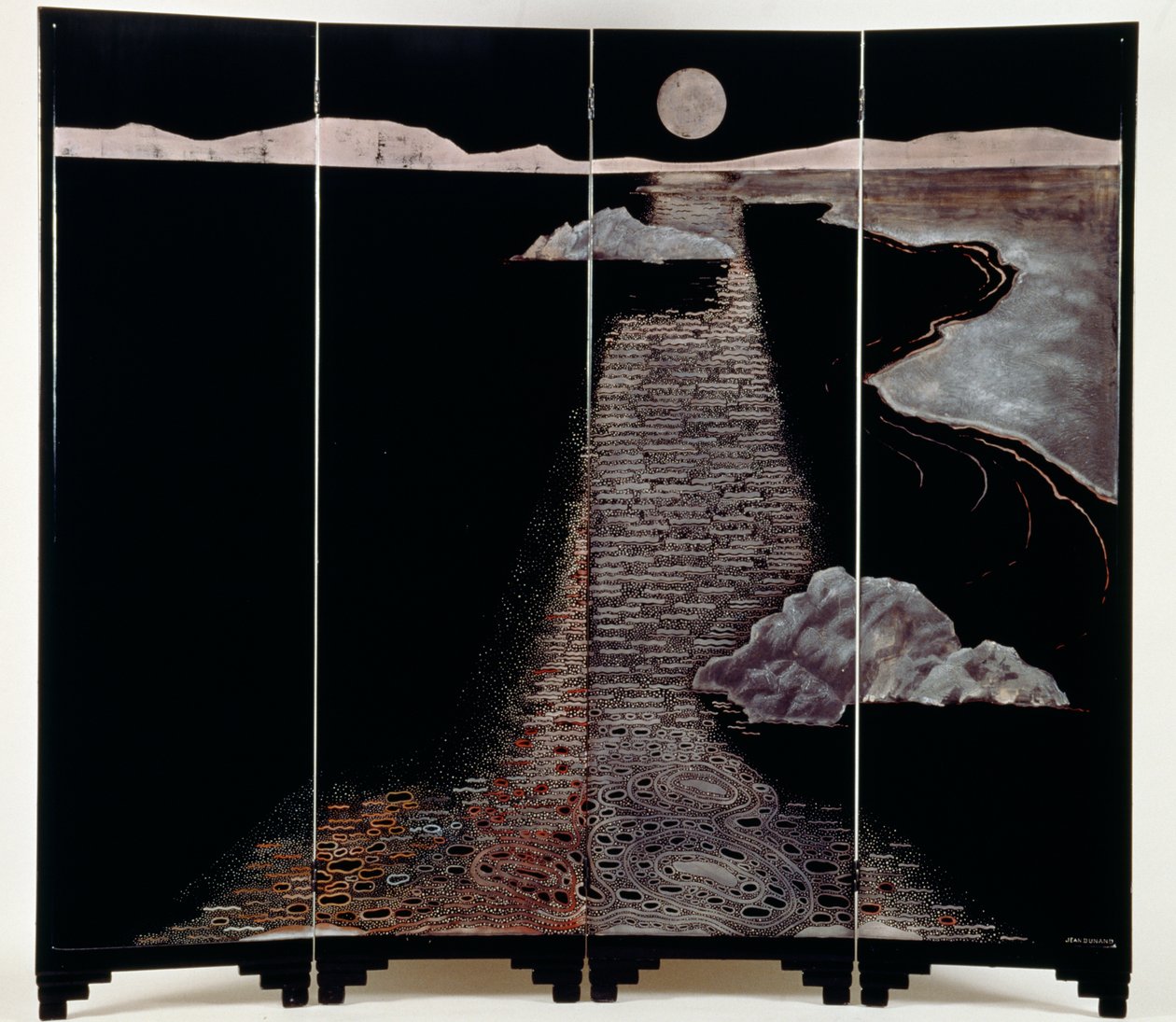 Light of moon (Claire De Lune), skjerm med fire paneler, 20. (lakkert sølv) av Jean Dunand