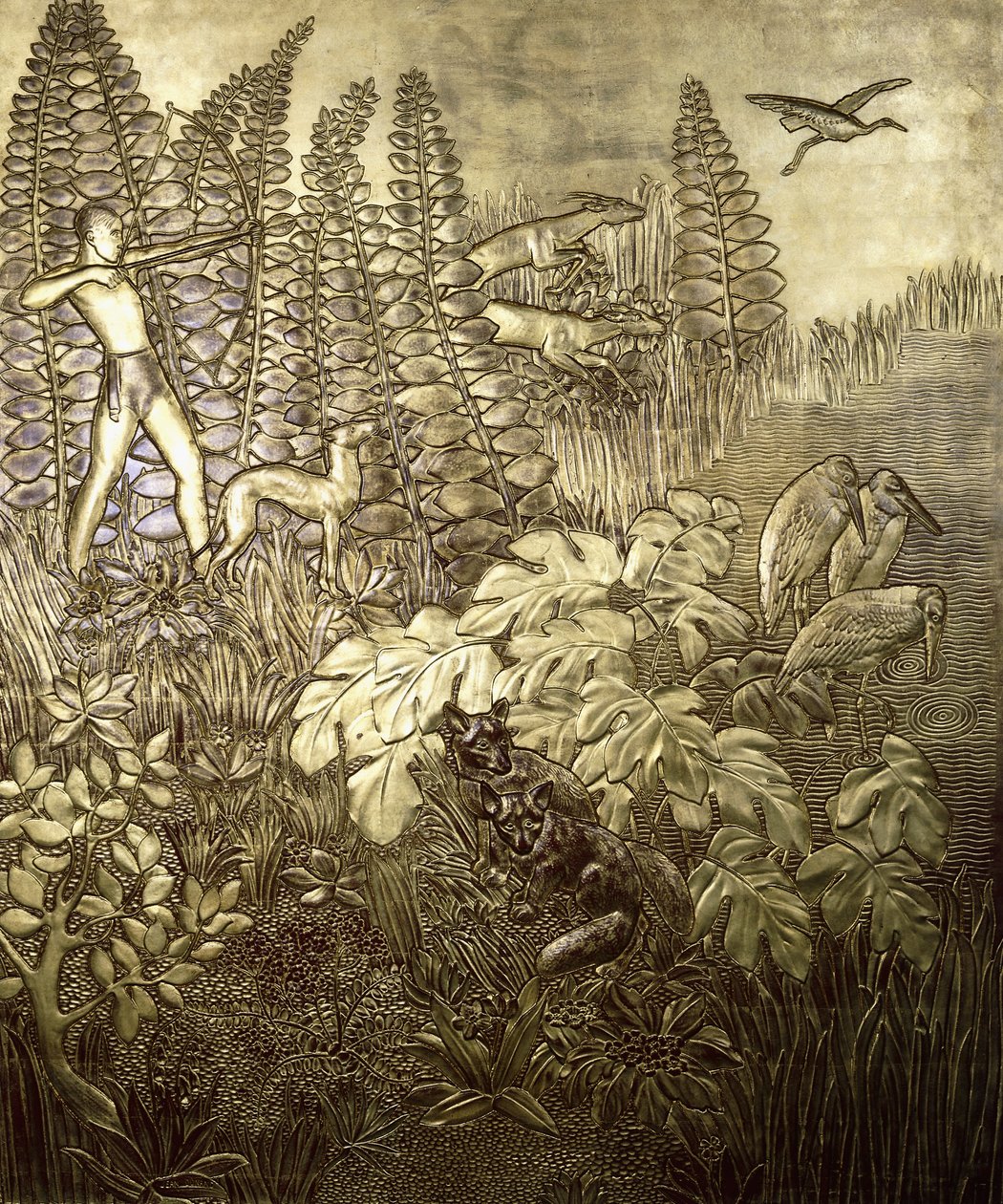 Jakten; La Chasse, ca. 1934 (forgylt og lakkert tre) av Jean Dunand