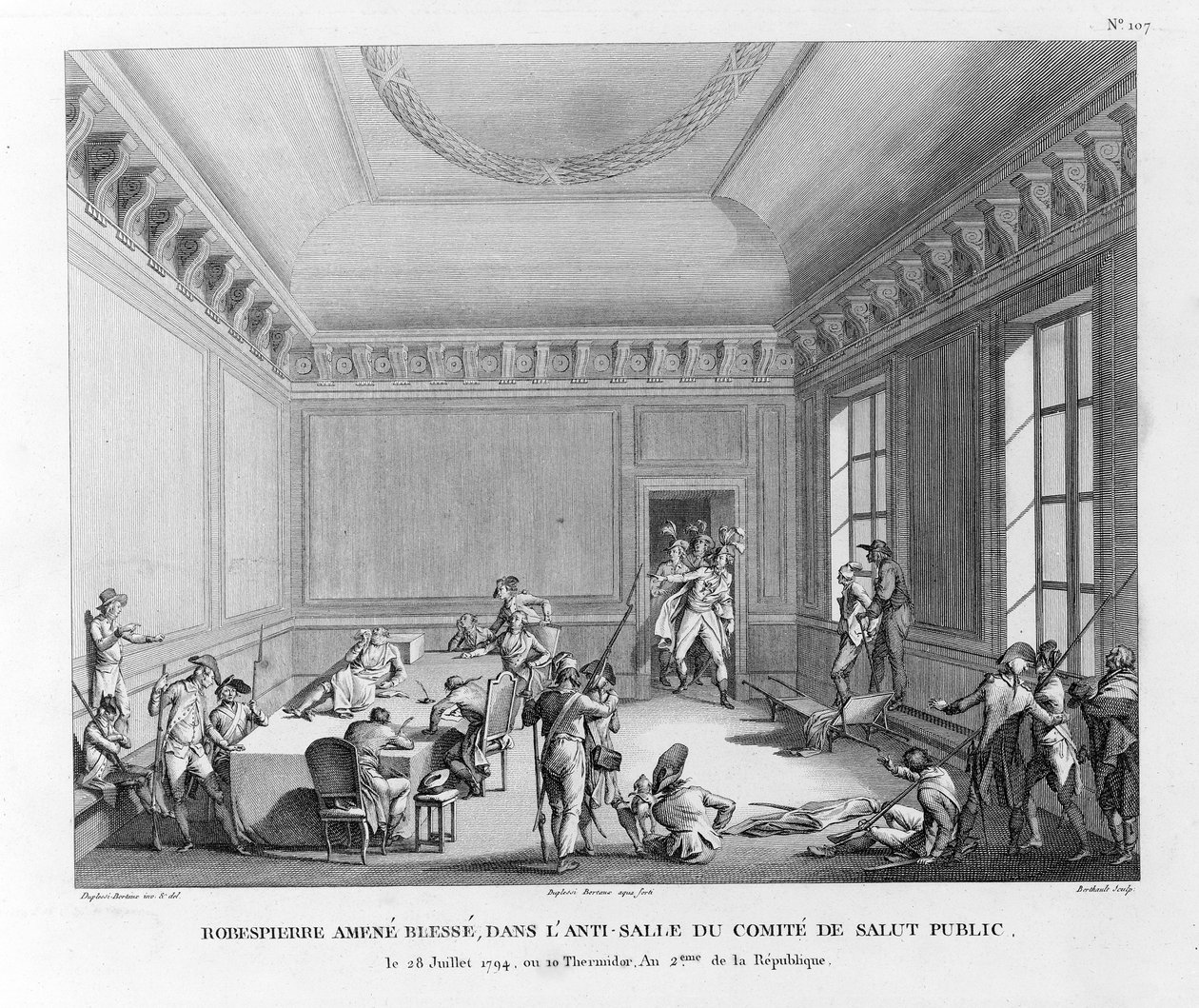 Robespierre brakte sårede, i antirommet til komiteen for offentlig sikkerhet 28. juli 1794, engr. Av Pierre Gabriel Berthault (1748-1819) av Jean Duplessi Bertaux