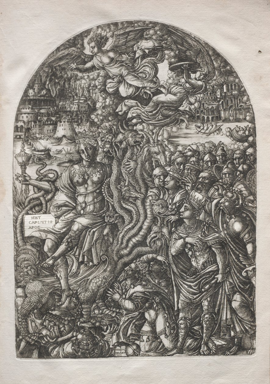 Apokalypsen: Skjøgen Babylon, sittende på det syvhodede dyret, 1546-1556. av Jean Duvet