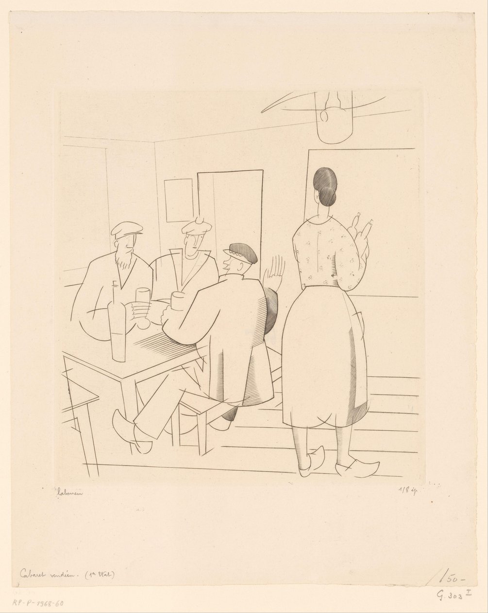Kaféinteriør med kunder og servitør Cabaret vendéen (tittel på objekt) av Jean Emile Laboureur (signed by artist)