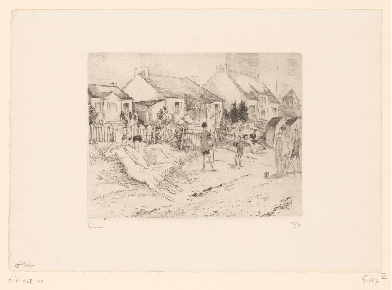 Tennisspillere hviler på stranden La petite plage (tittel på objekt) av Jean Emile Laboureur (signed by artist)
