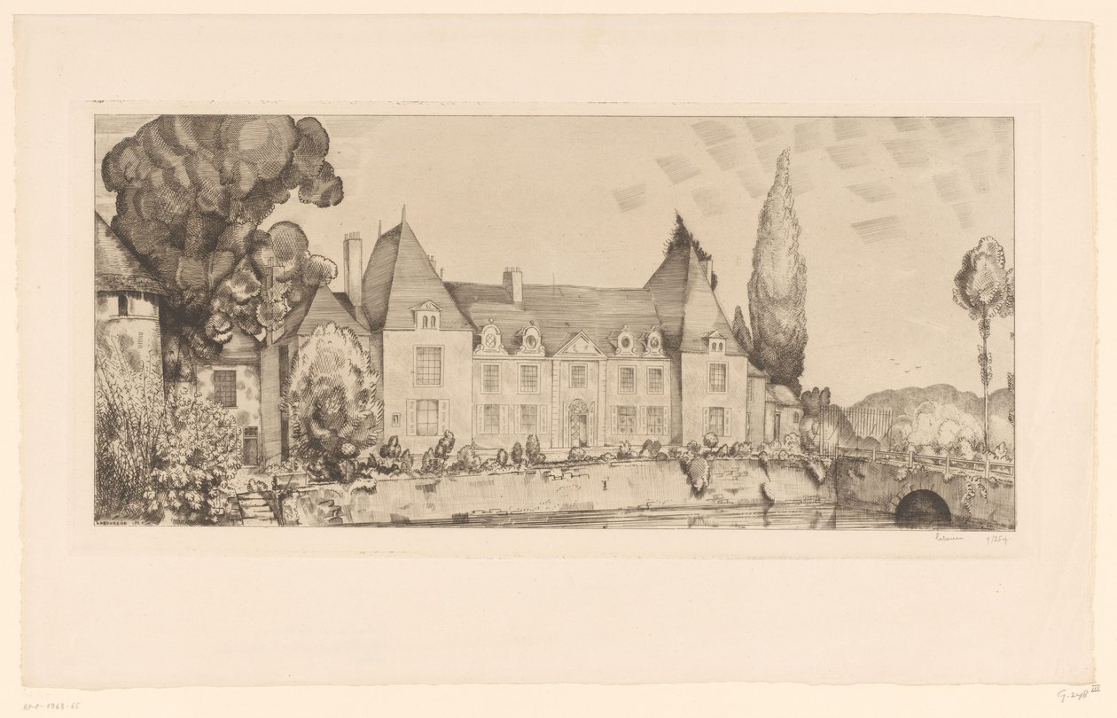 Utsikt over et slott på vannet Vue du château de Villaines av Jean Emile Laboureur (signed by artist)