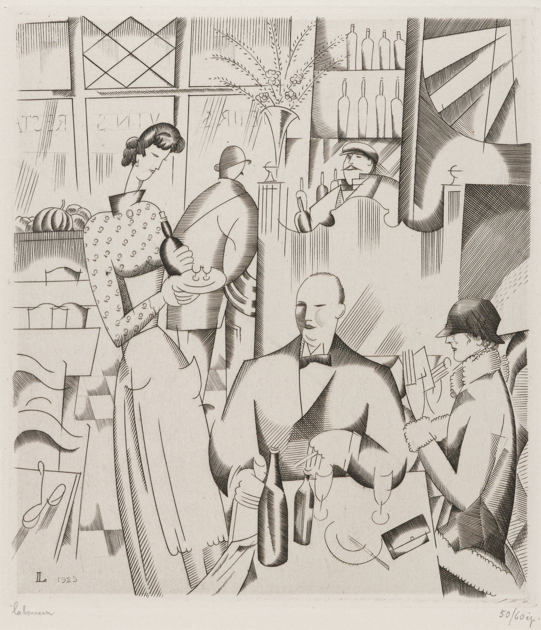 Middag på Bisto (Le diner chez le bistrot), 1923 (gravering på vevd papir) av Jean Emile Laboureur
