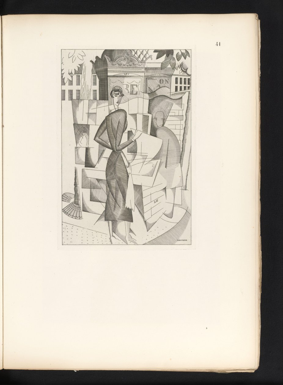Mann og kvinne ved en aviskiosk Le kiosque a journaux (original tittel) av Jean Emile Laboureur