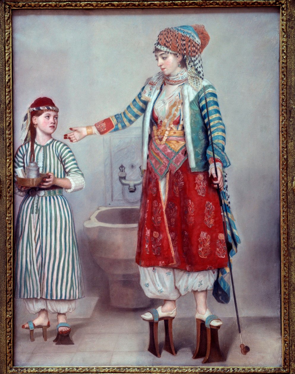 Orientalisme: "" Franco-dame kledd med tyrkeren og hennes slave"" De to kvinnene bærer treplattformer som brukes i hamamen. Pastellmaleri av Jean Etienne Liotard (1702-1789) 1742 Dim. 0,71 x 0,53 m Genève, musee d